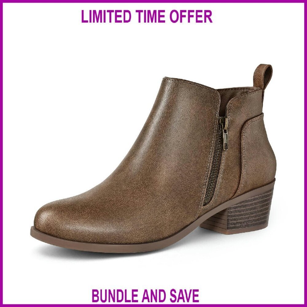 Women's Ankle Boots Low Chunky Heel Round Toe Side Zipper Comfortable
